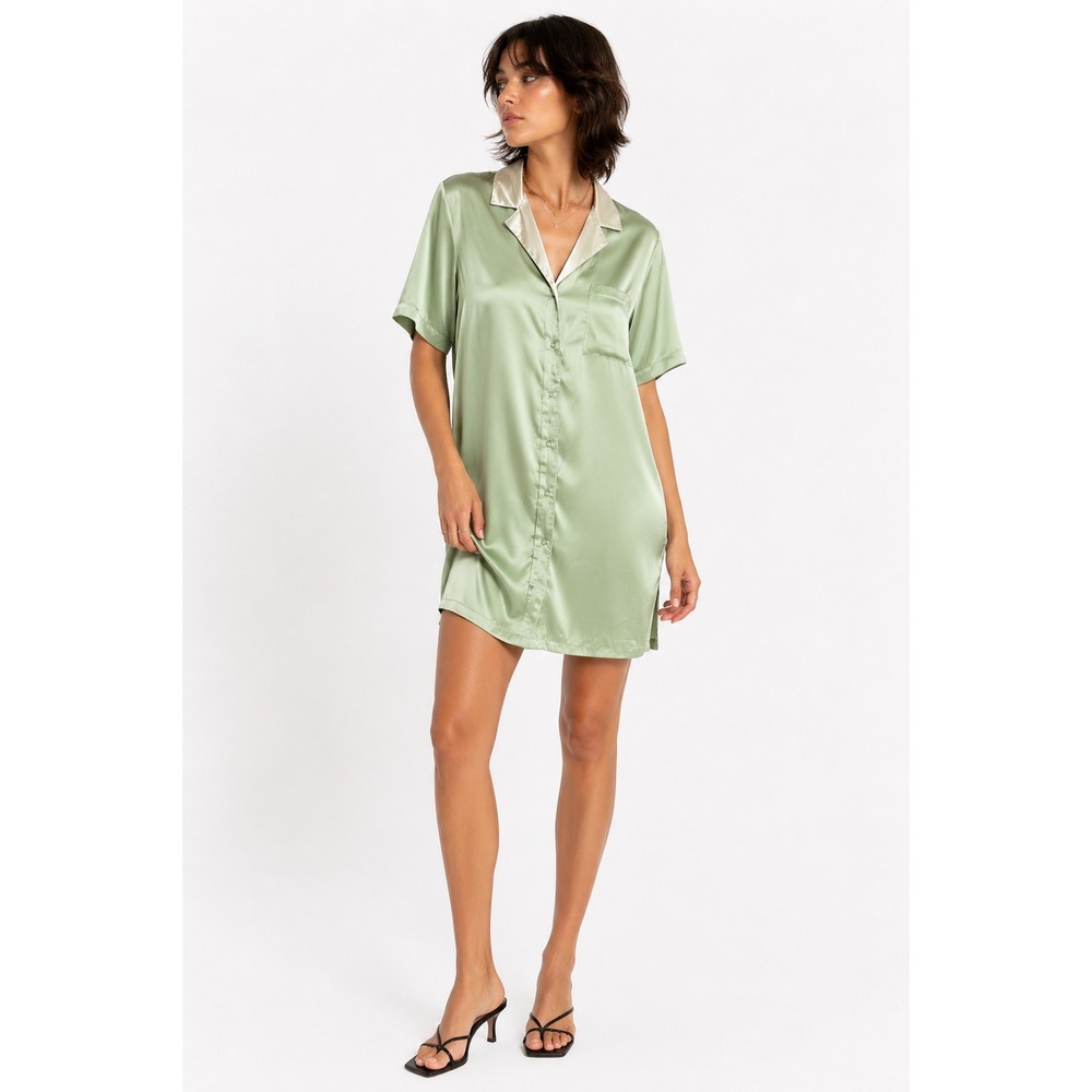 Y2K Shirt Dress L Sage Green Contrast Collar Short Sleeve Minimalist 90s Lounge